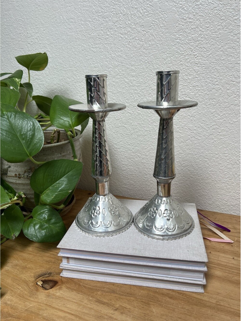 Rustic Punched Tin Mexican Altar Candle Sticks Holders Southwest Set Pair